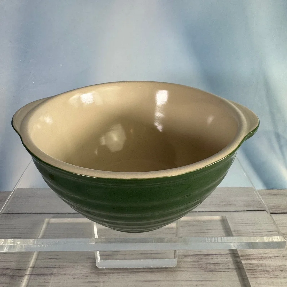 VTG DesignPac Inc Mixing Bowl Small Green Ribbed Stoneware Farmhouse Decor EUC